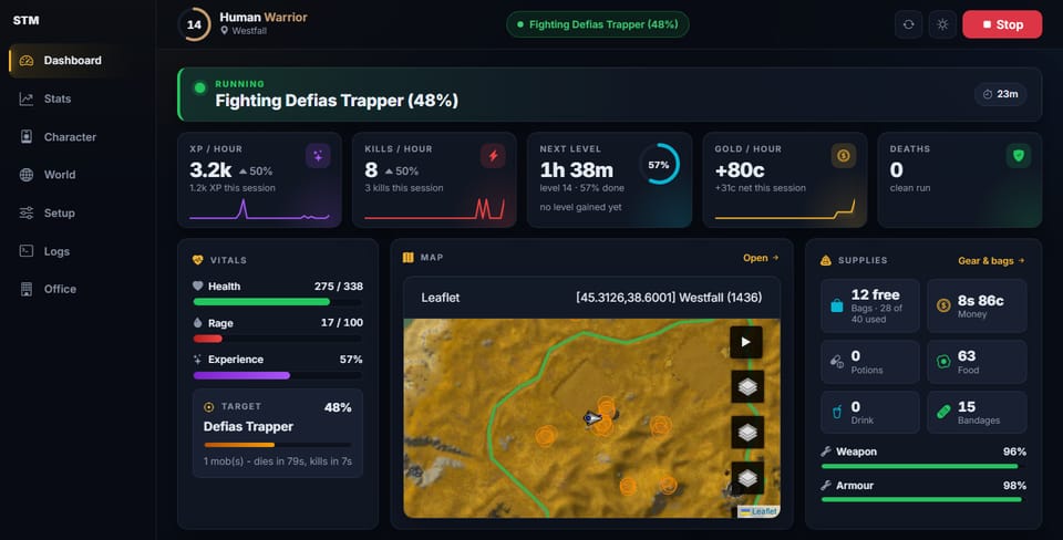 STM’s dashboard in a browser, showing the pace, the next level, vitals, a map with the route and the supplies.